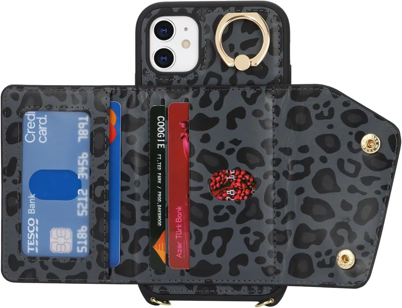 for iPhone 11 Case with Card Holder and Strap - Zipper Pocket,Crossbody Lanyard Strap,Credit Card Holder,Stand Ring,Cute Phone Wallet Case for Women(Black Leopard,6.1 Inch)