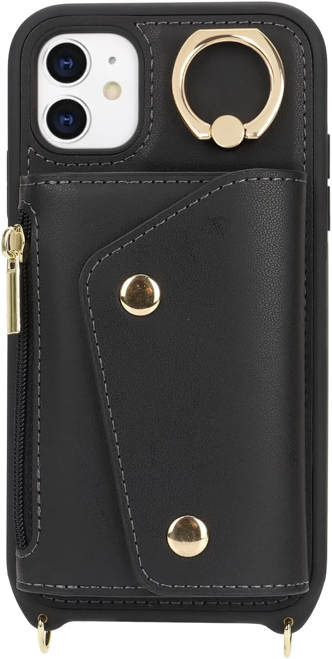 for iPhone 11 Case with Card Holder and Strap - Zipper Pocket,Crossbody Lanyard Strap,Credit Card Holder,Stand Ring,Cute Phone Wallet Case for Women(Black,6.1 Inch)