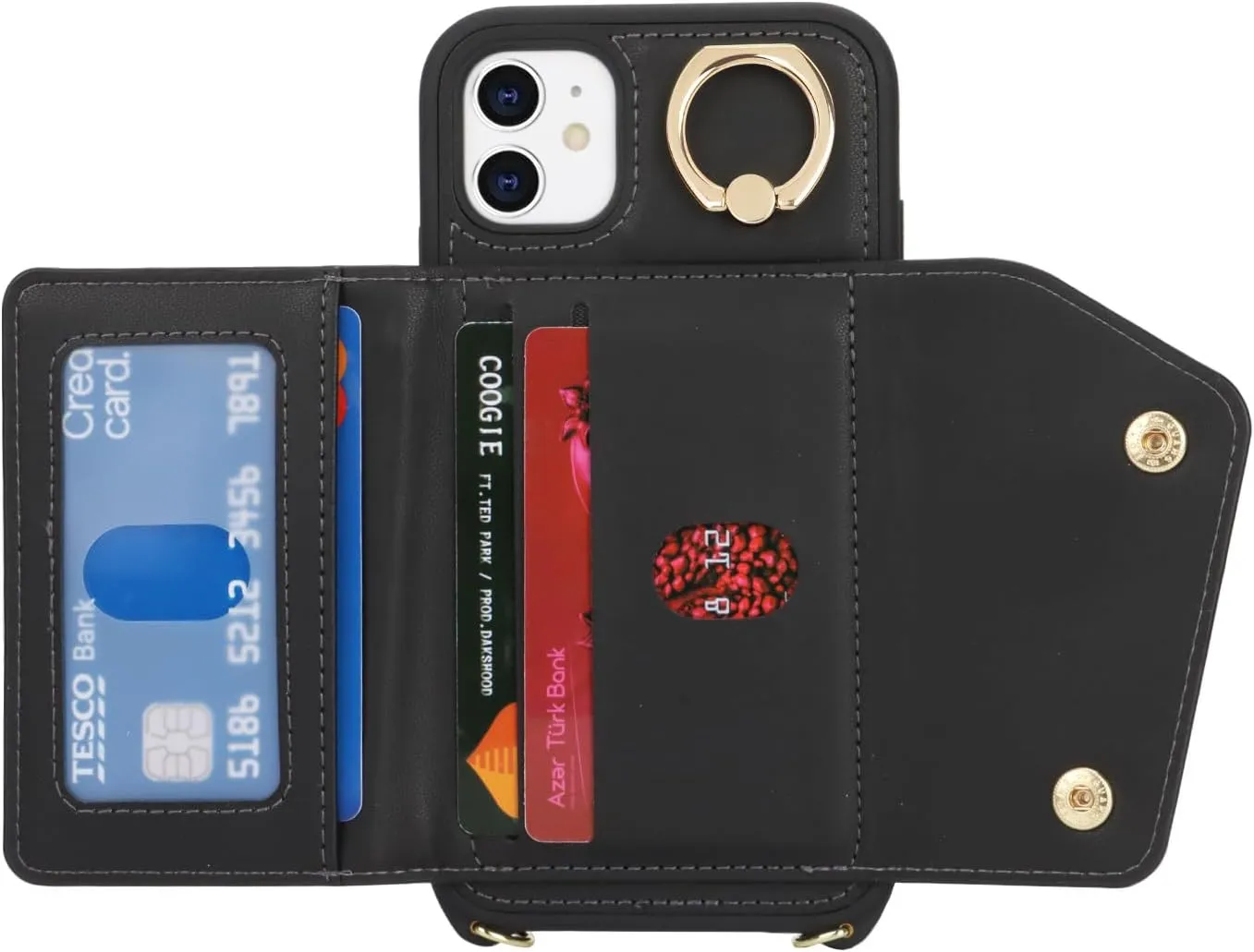 for iPhone 11 Case with Card Holder and Strap - Zipper Pocket,Crossbody Lanyard Strap,Credit Card Holder,Stand Ring,Cute Phone Wallet Case for Women(Black,6.1 Inch)