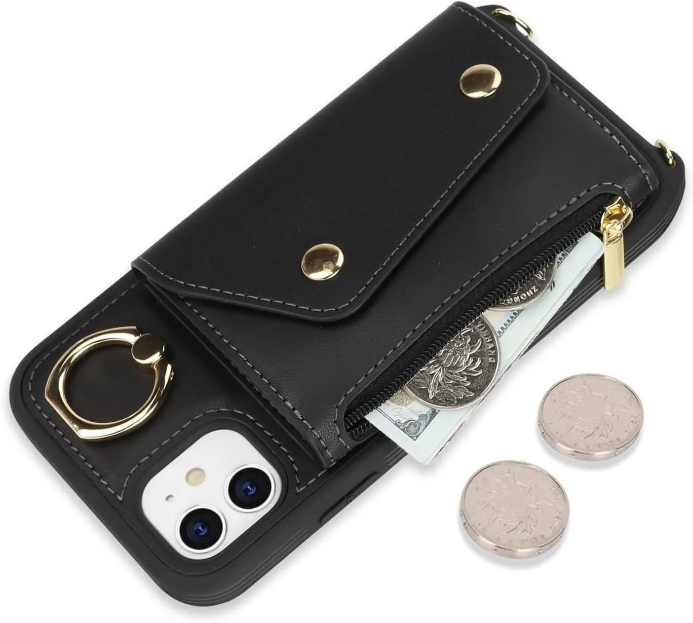 for iPhone 11 Case with Card Holder and Strap - Zipper Pocket,Crossbody Lanyard Strap,Credit Card Holder,Stand Ring,Cute Phone Wallet Case for Women(Black,6.1 Inch)