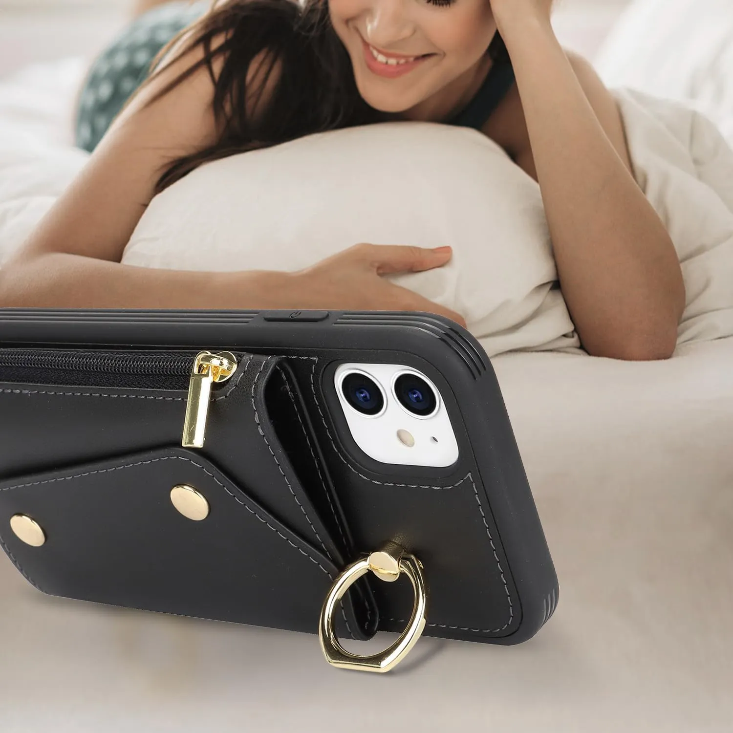 for iPhone 11 Case with Card Holder and Strap - Zipper Pocket,Crossbody Lanyard Strap,Credit Card Holder,Stand Ring,Cute Phone Wallet Case for Women(Black,6.1 Inch)