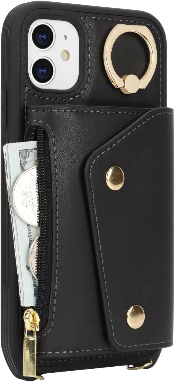 for iPhone 11 Case with Card Holder and Strap - Zipper Pocket,Crossbody Lanyard Strap,Credit Card Holder,Stand Ring,Cute Phone Wallet Case for Women(Black,6.1 Inch)