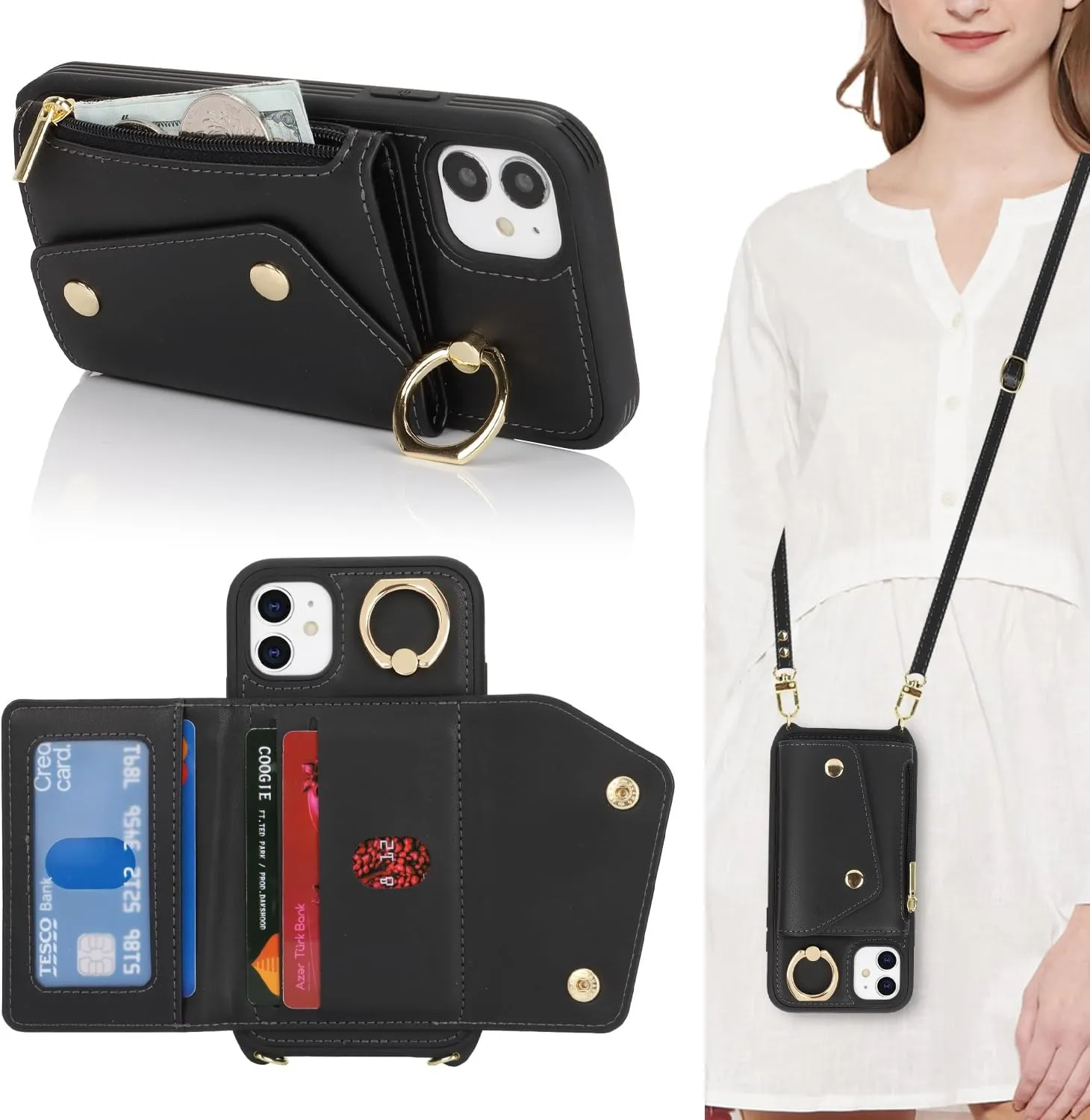 for iPhone 11 Case with Card Holder and Strap - Zipper Pocket,Crossbody Lanyard Strap,Credit Card Holder,Stand Ring,Cute Phone Wallet Case for Women(Black,6.1 Inch)