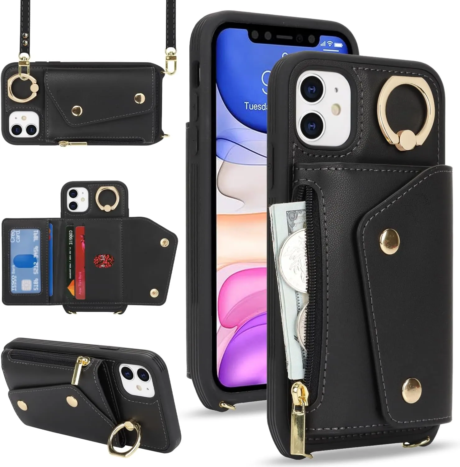 for iPhone 11 Case with Card Holder and Strap - Zipper Pocket,Crossbody Lanyard Strap,Credit Card Holder,Stand Ring,Cute Phone Wallet Case for Women(Black,6.1 Inch)