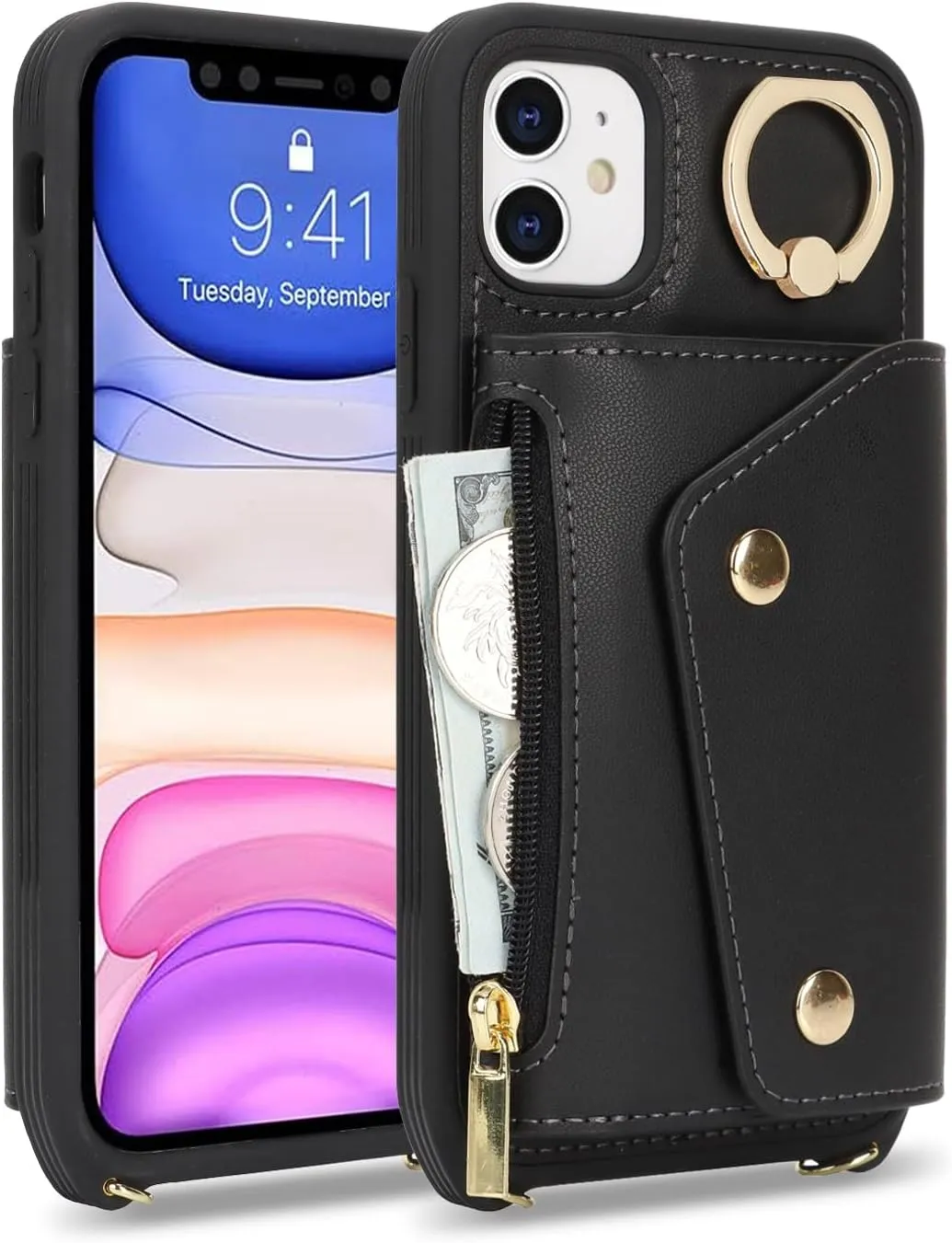 for iPhone 11 Case with Card Holder and Strap - Zipper Pocket,Crossbody Lanyard Strap,Credit Card Holder,Stand Ring,Cute Phone Wallet Case for Women(Black,6.1 Inch)