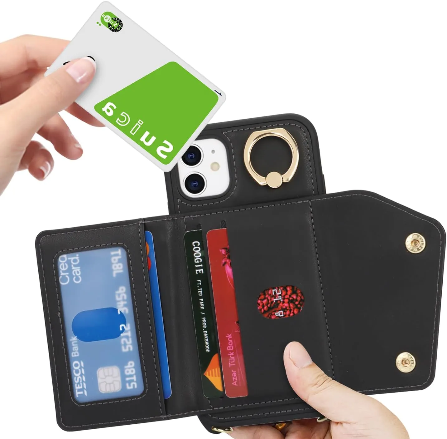 for iPhone 11 Case with Card Holder and Strap - Zipper Pocket,Crossbody Lanyard Strap,Credit Card Holder,Stand Ring,Cute Phone Wallet Case for Women(Black,6.1 Inch)