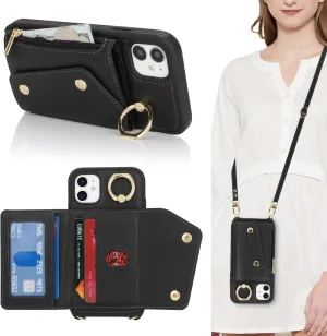 for iPhone 11 Case with Card Holder and Strap - Zipper Pocket,Crossbody Lanyard Strap,Credit Card Holder,Stand Ring,Cute Phone Wallet Case for Women(Black,6.1 Inch)