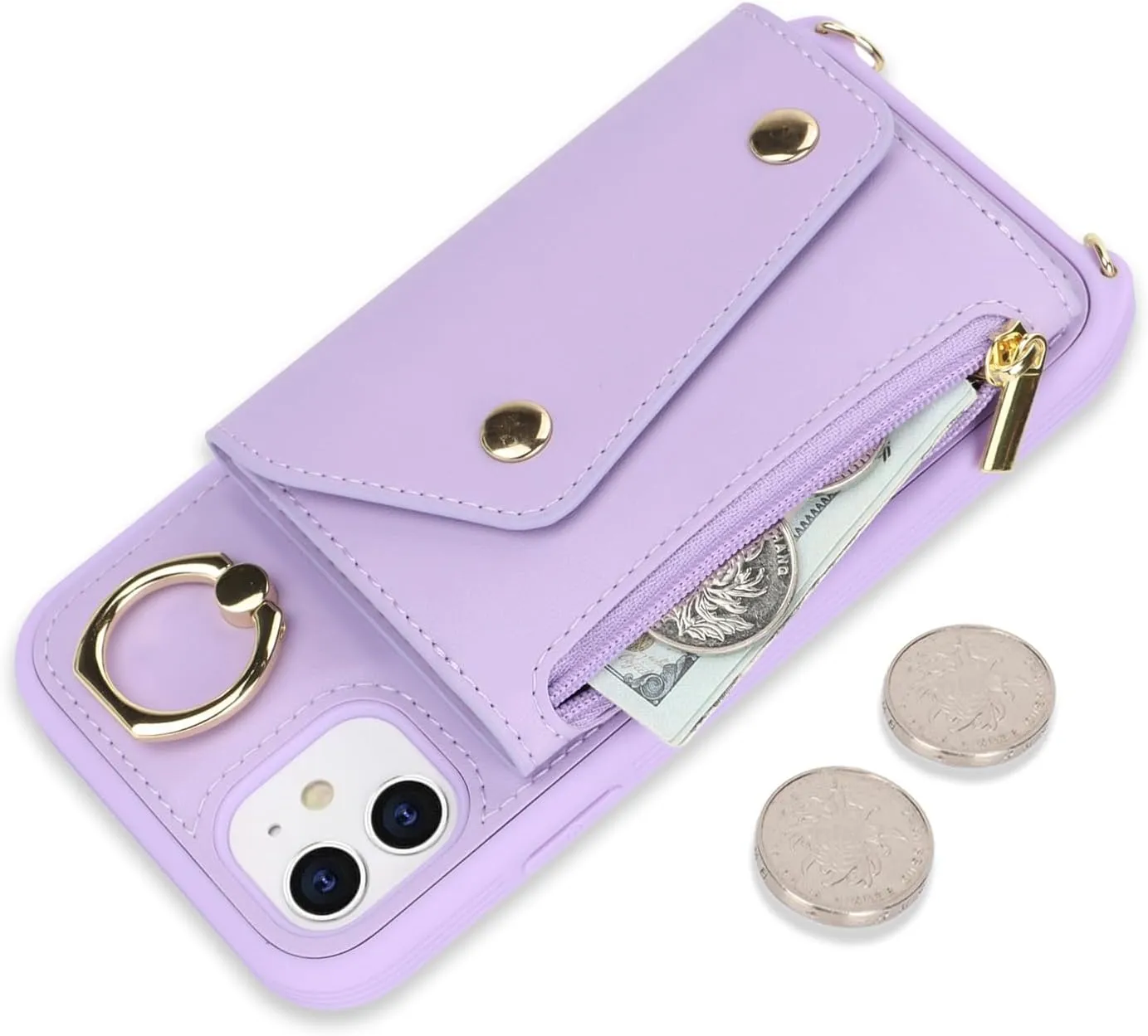 for iPhone 11 Case with Card Holder and Strap - Zipper Pocket,Crossbody Lanyard Strap,Credit Card Holder,Stand Ring,Cute Phone Wallet Case for Women(Purple,6.1 Inch)
