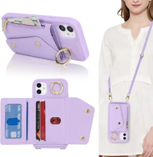 for iPhone 11 Case with Card Holder and Strap - Zipper Pocket,Crossbody Lanyard Strap,Credit Card Holder,Stand Ring,Cute Phone Wallet Case for Women(Purple,6.1 Inch)