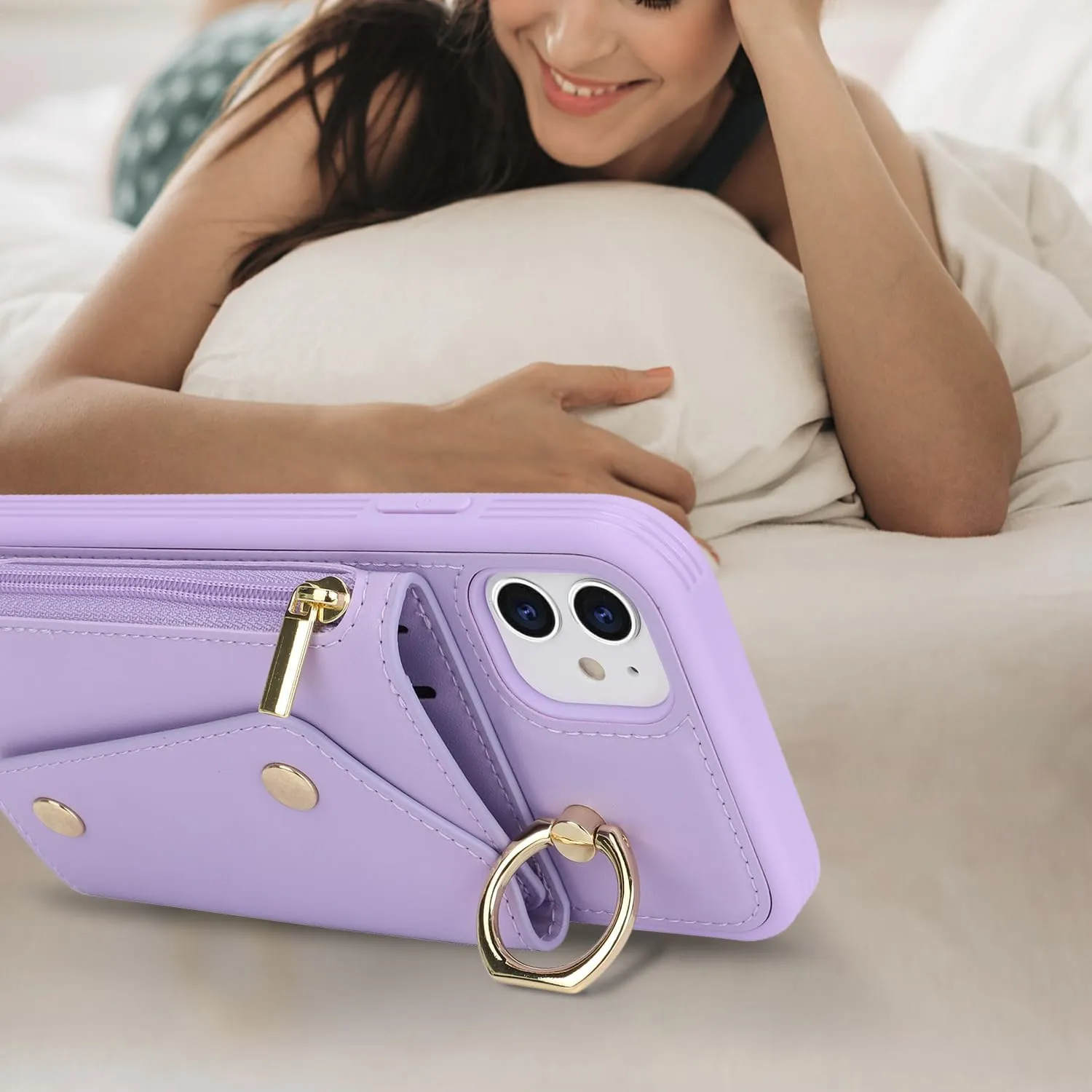 for iPhone 11 Case with Card Holder and Strap - Zipper Pocket,Crossbody Lanyard Strap,Credit Card Holder,Stand Ring,Cute Phone Wallet Case for Women(Purple,6.1 Inch)