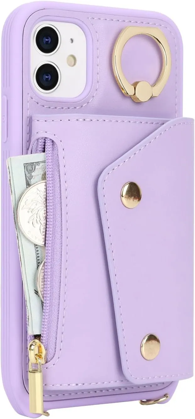 for iPhone 11 Case with Card Holder and Strap - Zipper Pocket,Crossbody Lanyard Strap,Credit Card Holder,Stand Ring,Cute Phone Wallet Case for Women(Purple,6.1 Inch)