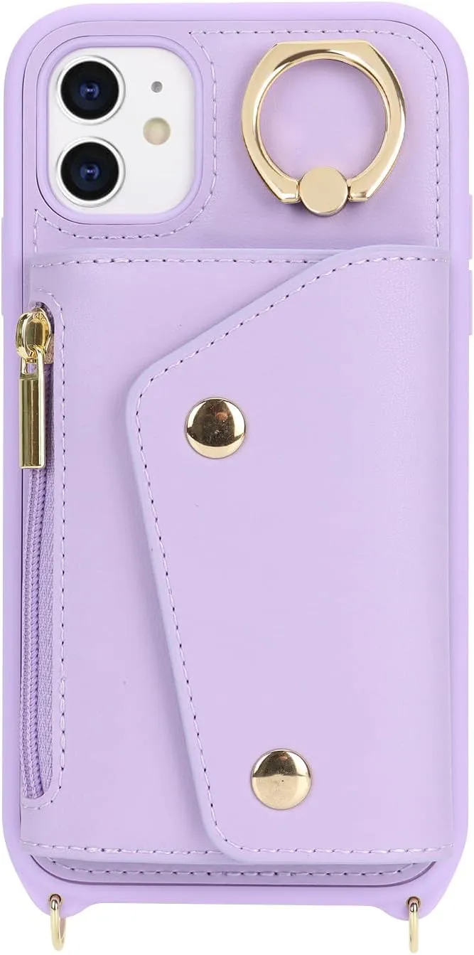 for iPhone 11 Case with Card Holder and Strap - Zipper Pocket,Crossbody Lanyard Strap,Credit Card Holder,Stand Ring,Cute Phone Wallet Case for Women(Purple,6.1 Inch)