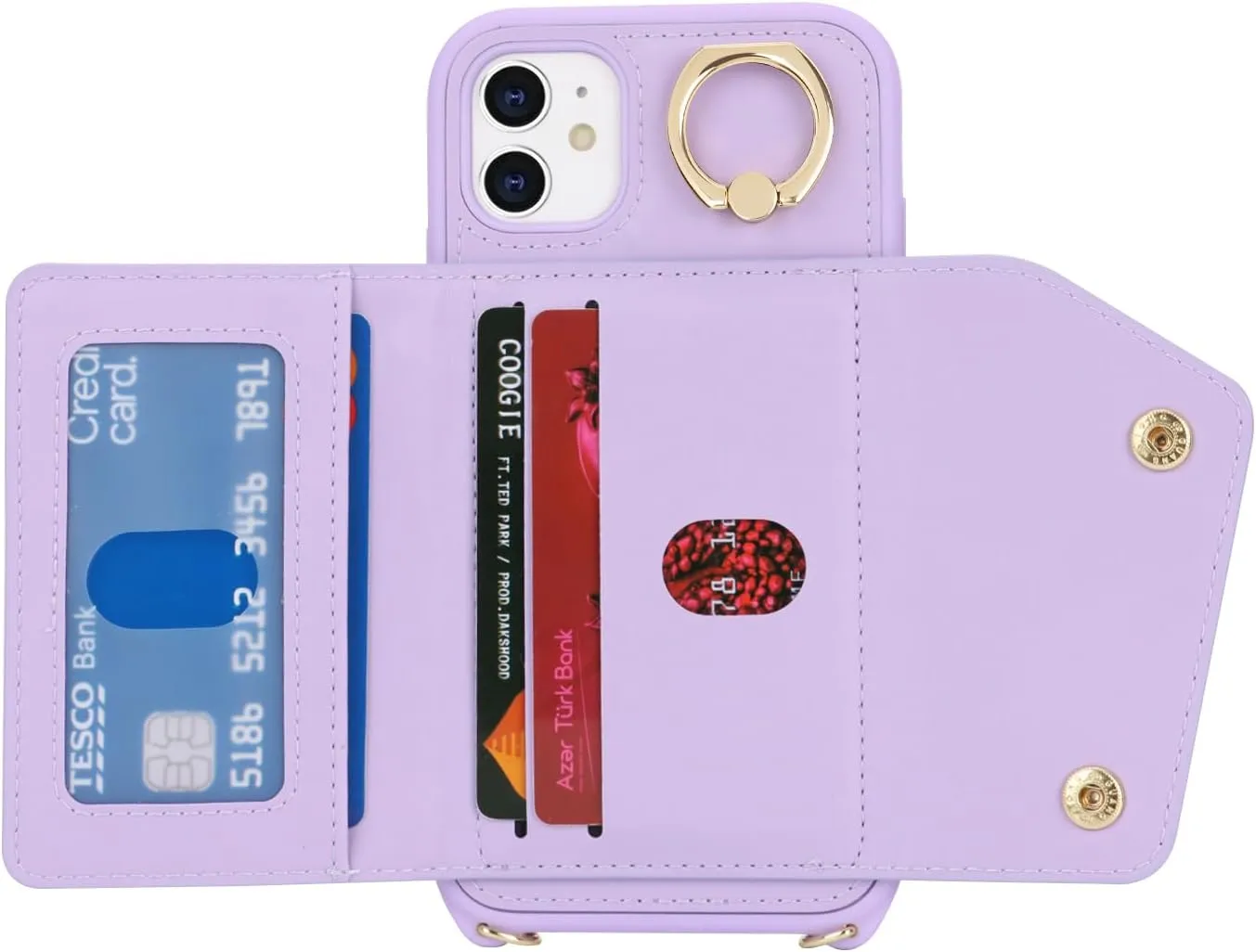 for iPhone 11 Case with Card Holder and Strap - Zipper Pocket,Crossbody Lanyard Strap,Credit Card Holder,Stand Ring,Cute Phone Wallet Case for Women(Purple,6.1 Inch)