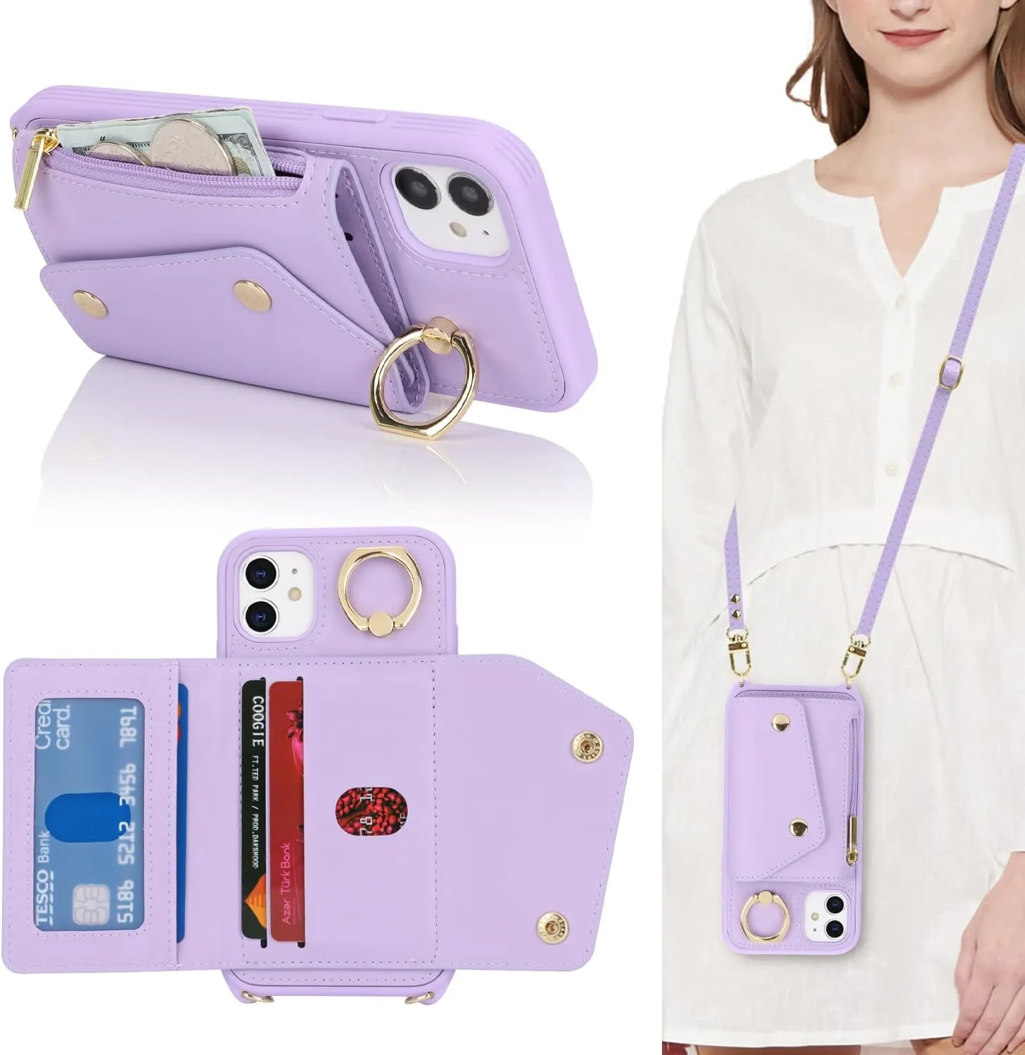 for iPhone 11 Case with Card Holder and Strap - Zipper Pocket,Crossbody Lanyard Strap,Credit Card Holder,Stand Ring,Cute Phone Wallet Case for Women(Purple,6.1 Inch)