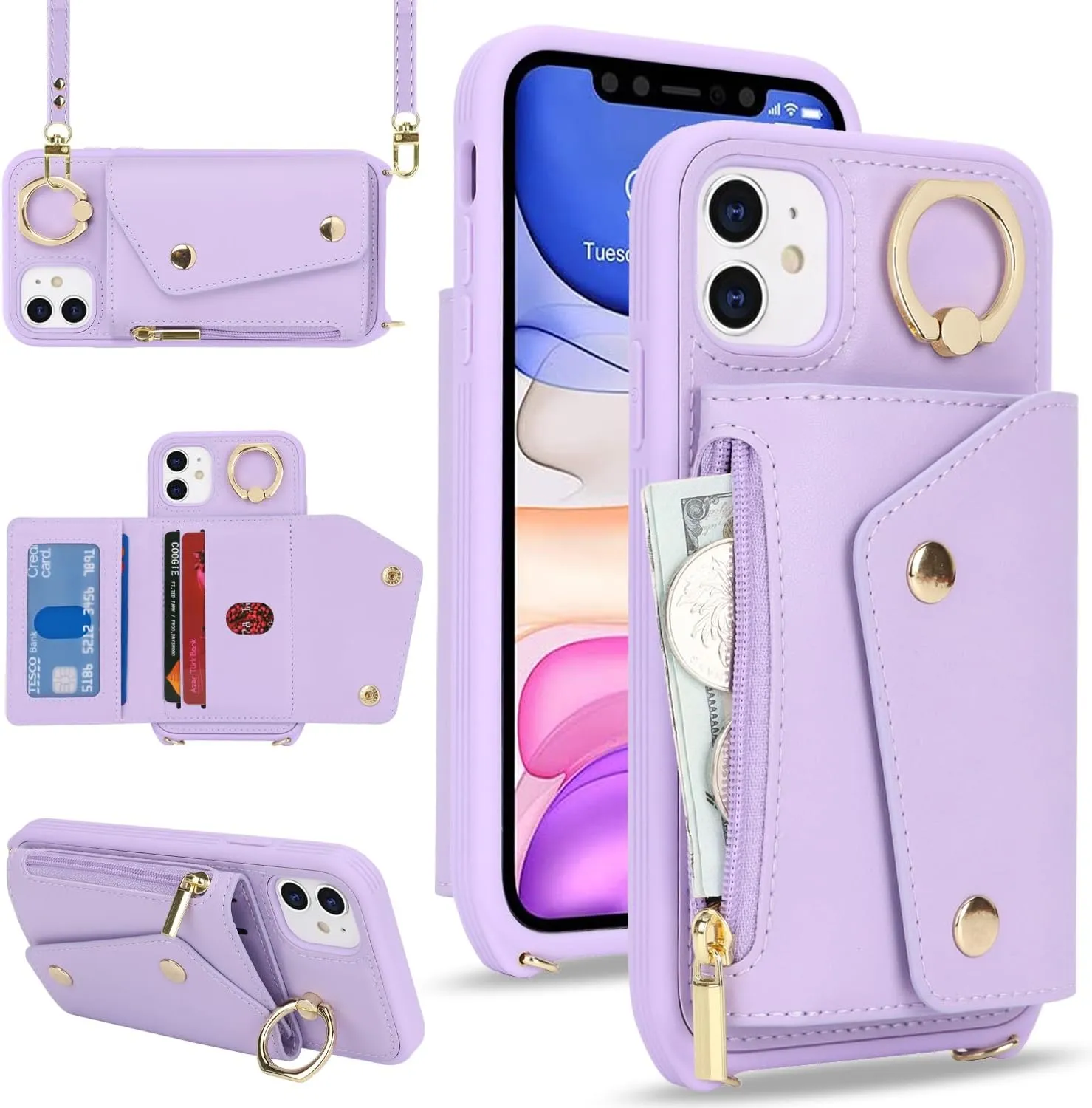 for iPhone 11 Case with Card Holder and Strap - Zipper Pocket,Crossbody Lanyard Strap,Credit Card Holder,Stand Ring,Cute Phone Wallet Case for Women(Purple,6.1 Inch)