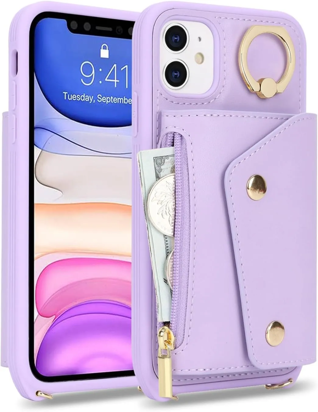 for iPhone 11 Case with Card Holder and Strap - Zipper Pocket,Crossbody Lanyard Strap,Credit Card Holder,Stand Ring,Cute Phone Wallet Case for Women(Purple,6.1 Inch)