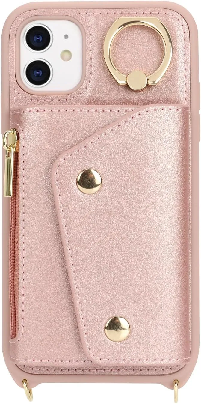 for iPhone 11 Case with Card Holder and Strap - Zipper Pocket,Crossbody Lanyard Strap,Credit Card Holder,Stand Ring,Cute Phone Wallet Case for Women(Rose Gold,6.1 Inch)