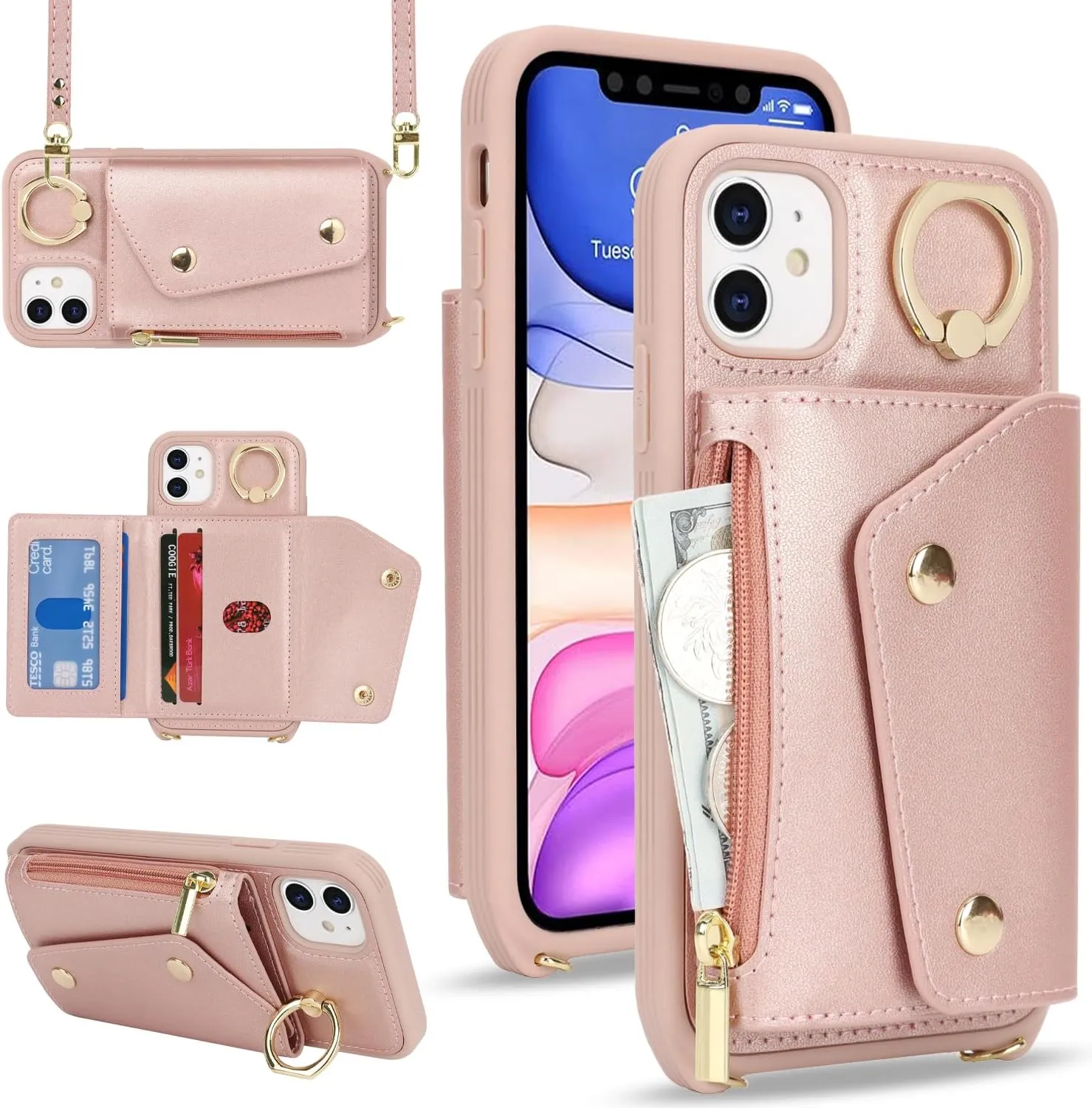 for iPhone 11 Case with Card Holder and Strap - Zipper Pocket,Crossbody Lanyard Strap,Credit Card Holder,Stand Ring,Cute Phone Wallet Case for Women(Rose Gold,6.1 Inch)