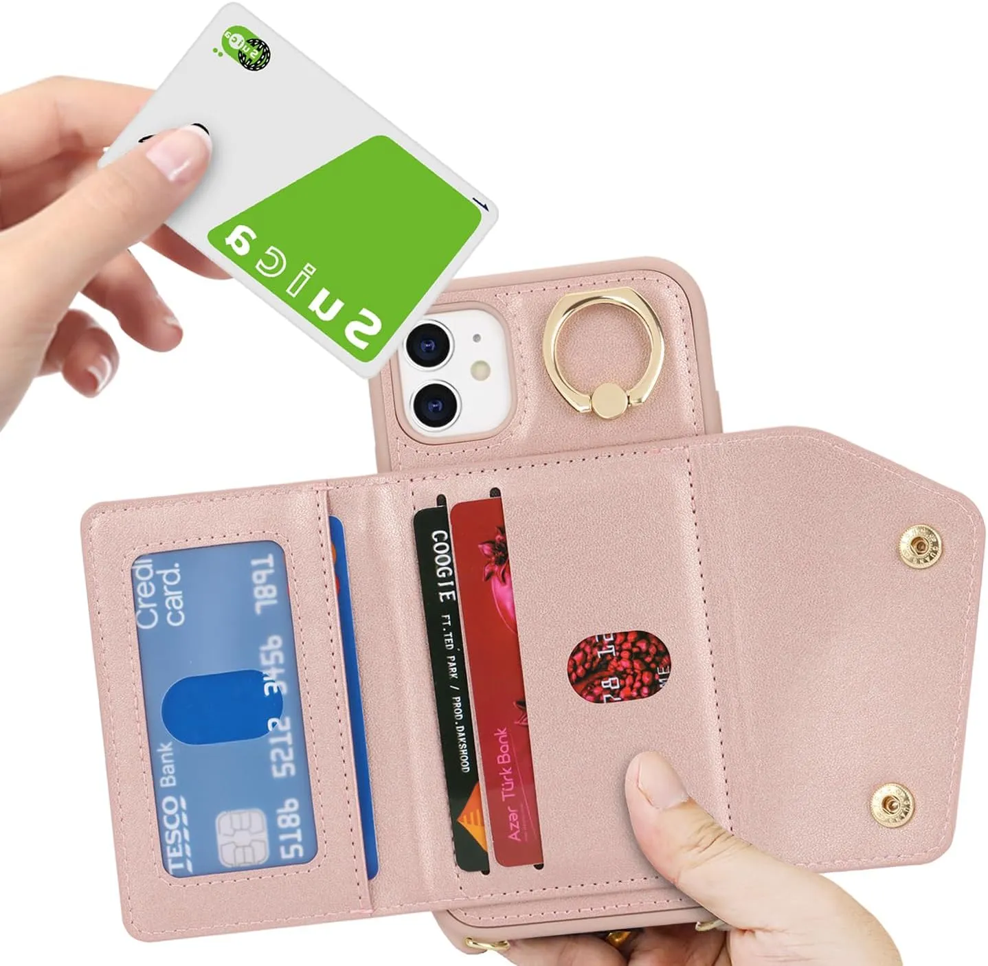 for iPhone 11 Case with Card Holder and Strap - Zipper Pocket,Crossbody Lanyard Strap,Credit Card Holder,Stand Ring,Cute Phone Wallet Case for Women(Rose Gold,6.1 Inch)