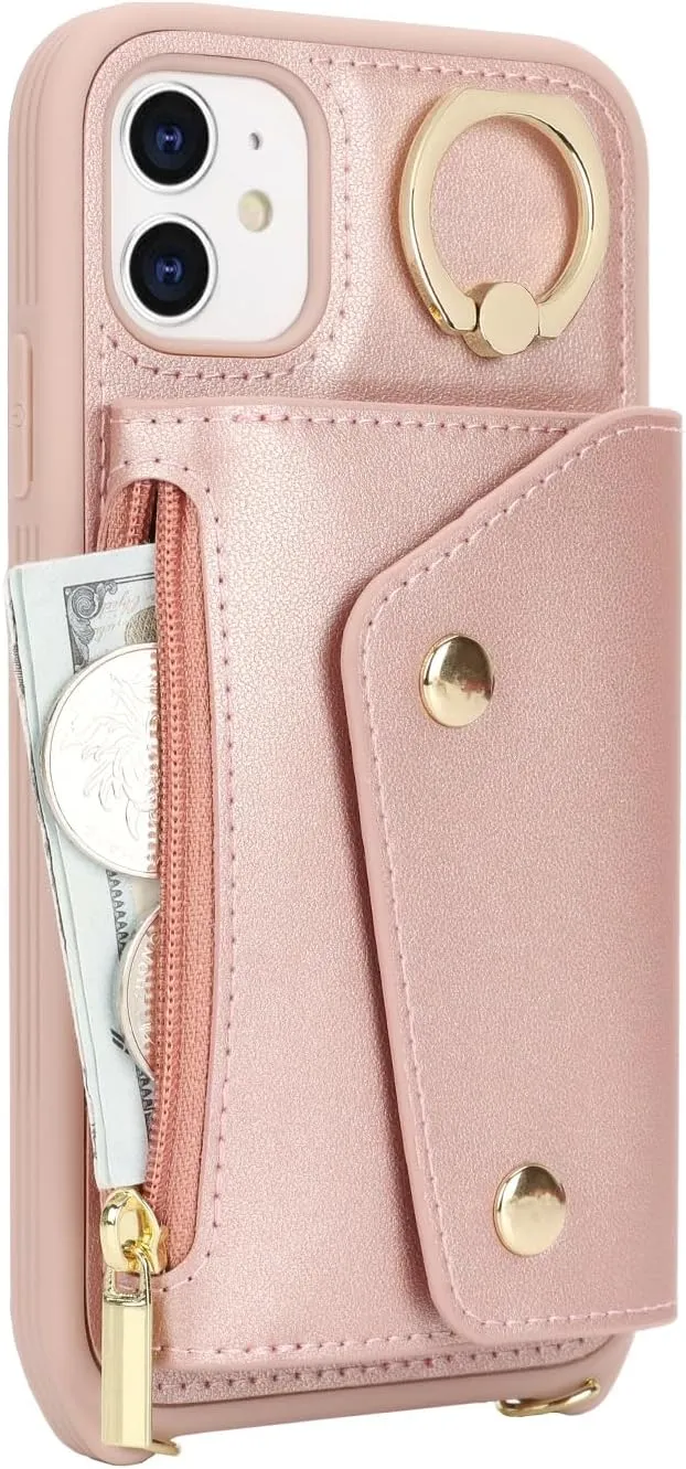 for iPhone 11 Case with Card Holder and Strap - Zipper Pocket,Crossbody Lanyard Strap,Credit Card Holder,Stand Ring,Cute Phone Wallet Case for Women(Rose Gold,6.1 Inch)