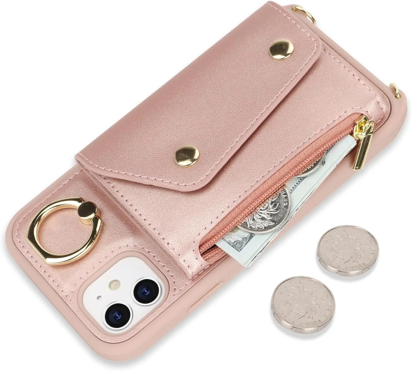 for iPhone 11 Case with Card Holder and Strap - Zipper Pocket,Crossbody Lanyard Strap,Credit Card Holder,Stand Ring,Cute Phone Wallet Case for Women(Rose Gold,6.1 Inch)