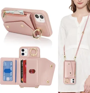 for iPhone 11 Case with Card Holder and Strap - Zipper Pocket,Crossbody Lanyard Strap,Credit Card Holder,Stand Ring,Cute Phone Wallet Case for Women(Rose Gold,6.1 Inch)