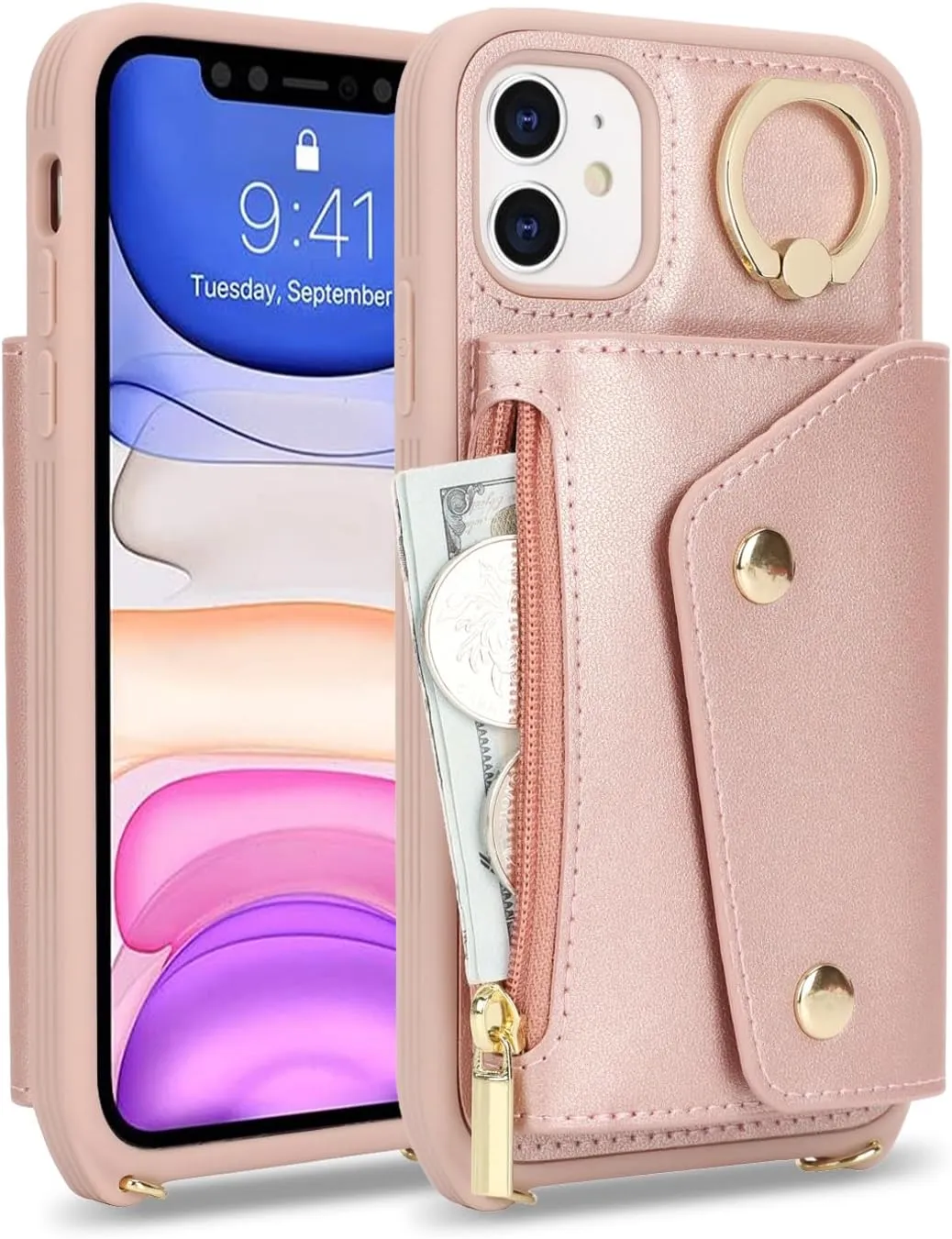 for iPhone 11 Case with Card Holder and Strap - Zipper Pocket,Crossbody Lanyard Strap,Credit Card Holder,Stand Ring,Cute Phone Wallet Case for Women(Rose Gold,6.1 Inch)