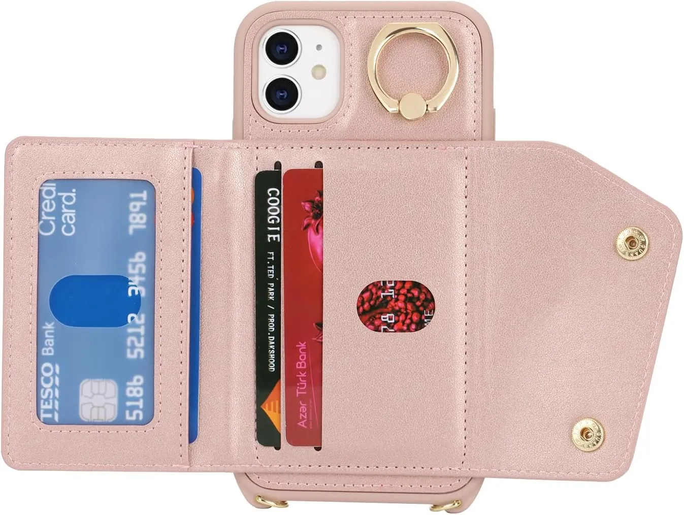 for iPhone 11 Case with Card Holder and Strap - Zipper Pocket,Crossbody Lanyard Strap,Credit Card Holder,Stand Ring,Cute Phone Wallet Case for Women(Rose Gold,6.1 Inch)