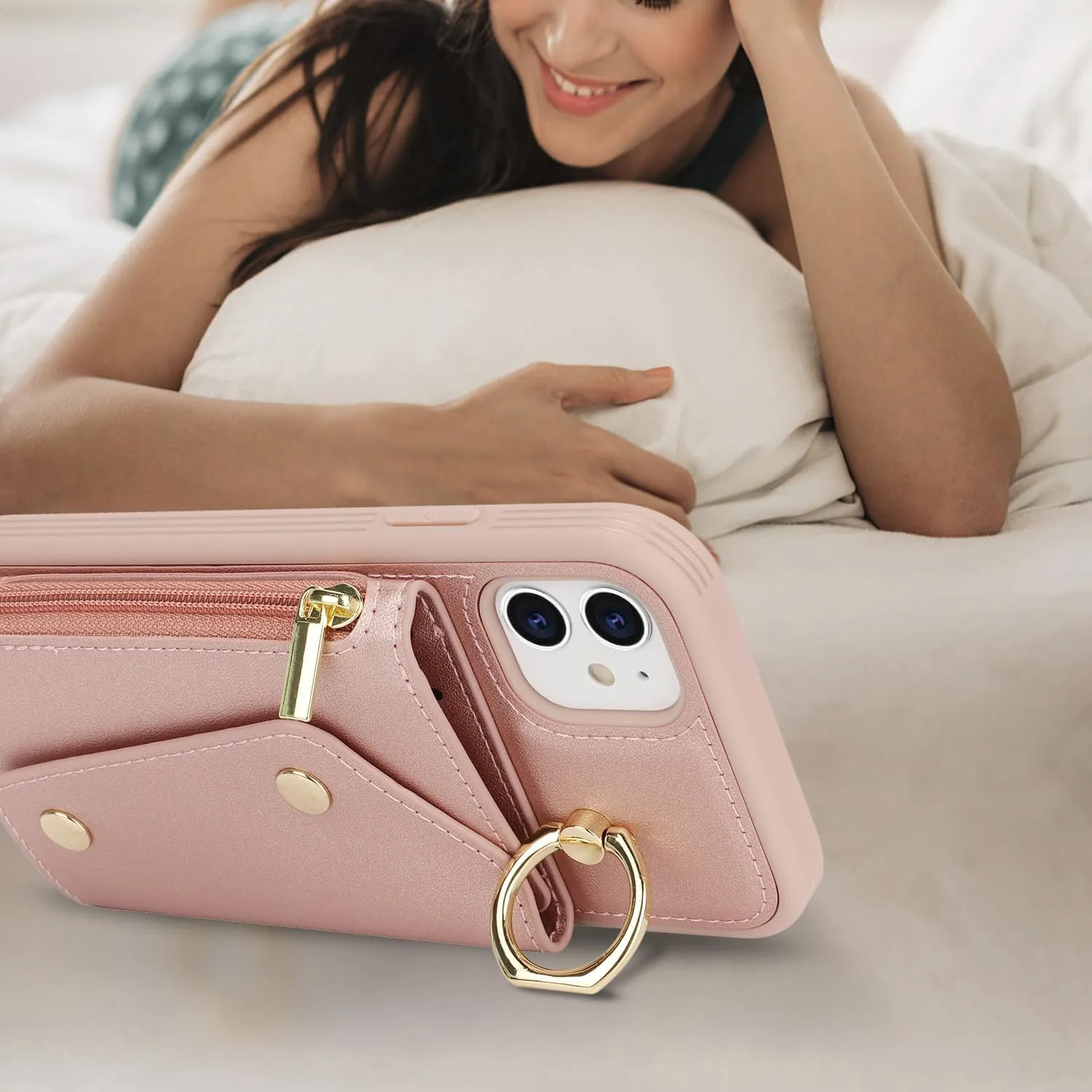 for iPhone 11 Case with Card Holder and Strap - Zipper Pocket,Crossbody Lanyard Strap,Credit Card Holder,Stand Ring,Cute Phone Wallet Case for Women(Rose Gold,6.1 Inch)