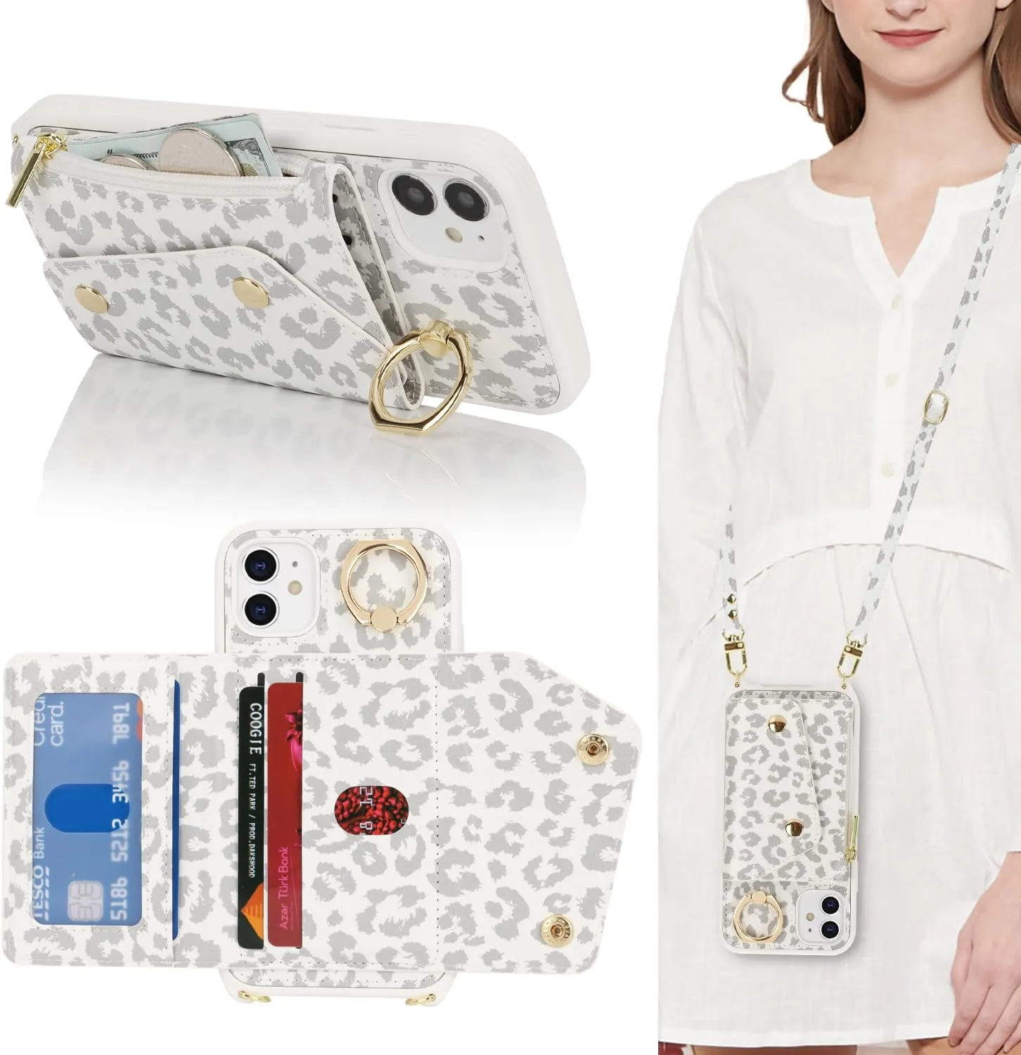 for iPhone 11 Case with Card Holder and Strap - Zipper Pocket,Crossbody Lanyard Strap,Credit Card Holder,Stand Ring,Cute Phone Wallet Case for Women(White Leopard,6.1 Inch)