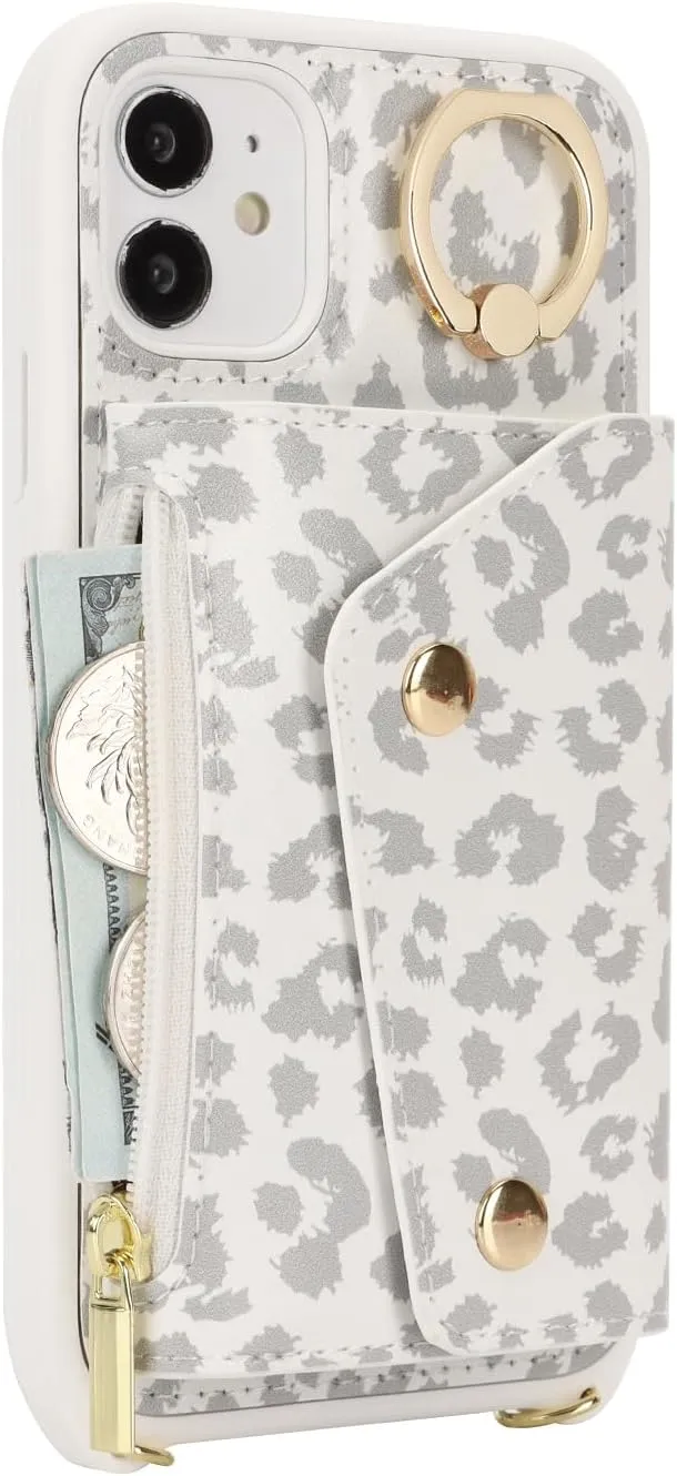 for iPhone 11 Case with Card Holder and Strap - Zipper Pocket,Crossbody Lanyard Strap,Credit Card Holder,Stand Ring,Cute Phone Wallet Case for Women(White Leopard,6.1 Inch)