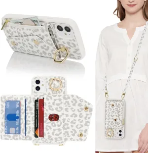 for iPhone 11 Case with Card Holder and Strap - Zipper Pocket,Crossbody Lanyard Strap,Credit Card Holder,Stand Ring,Cute Phone Wallet Case for Women(White Leopard,6.1 Inch)