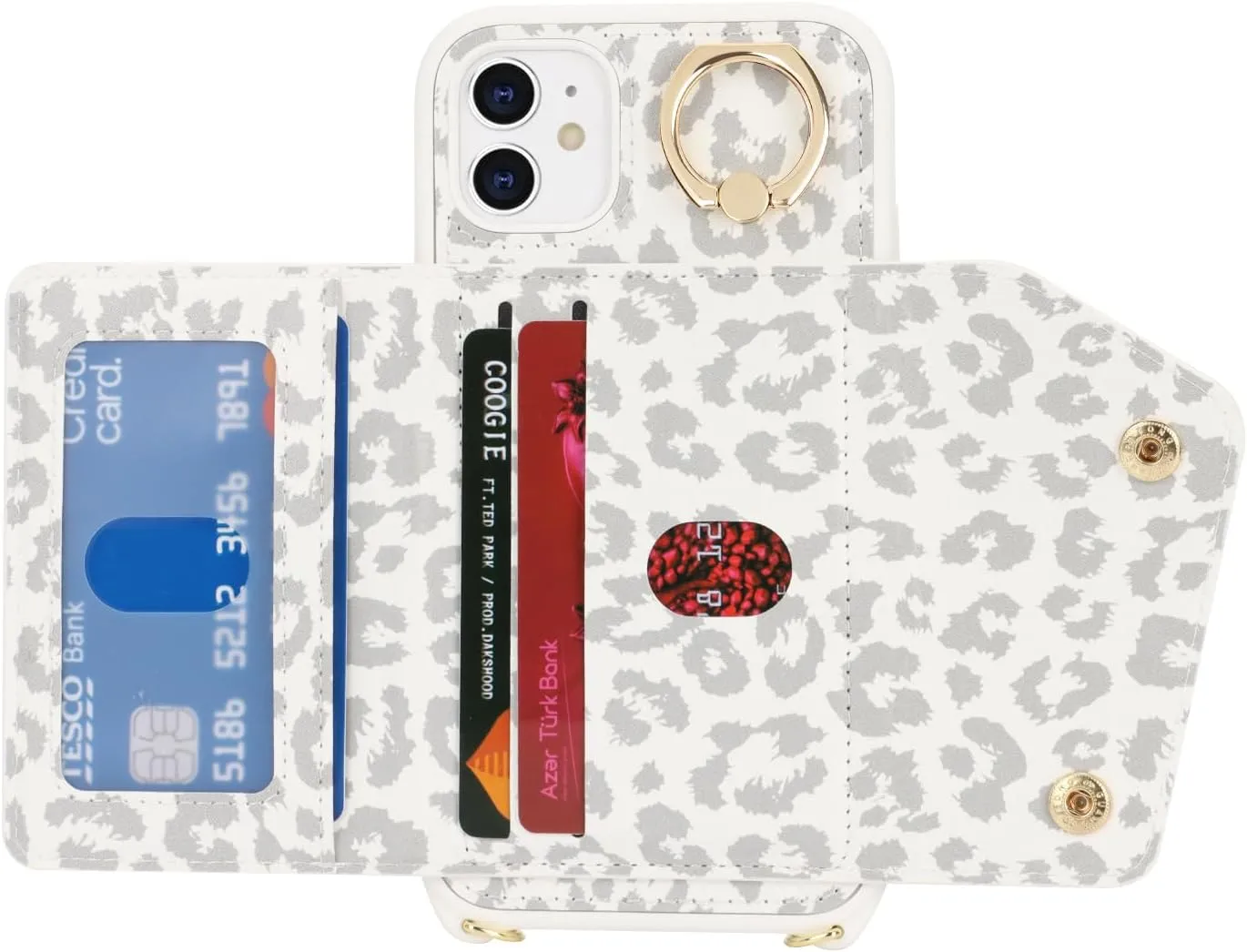for iPhone 11 Case with Card Holder and Strap - Zipper Pocket,Crossbody Lanyard Strap,Credit Card Holder,Stand Ring,Cute Phone Wallet Case for Women(White Leopard,6.1 Inch)