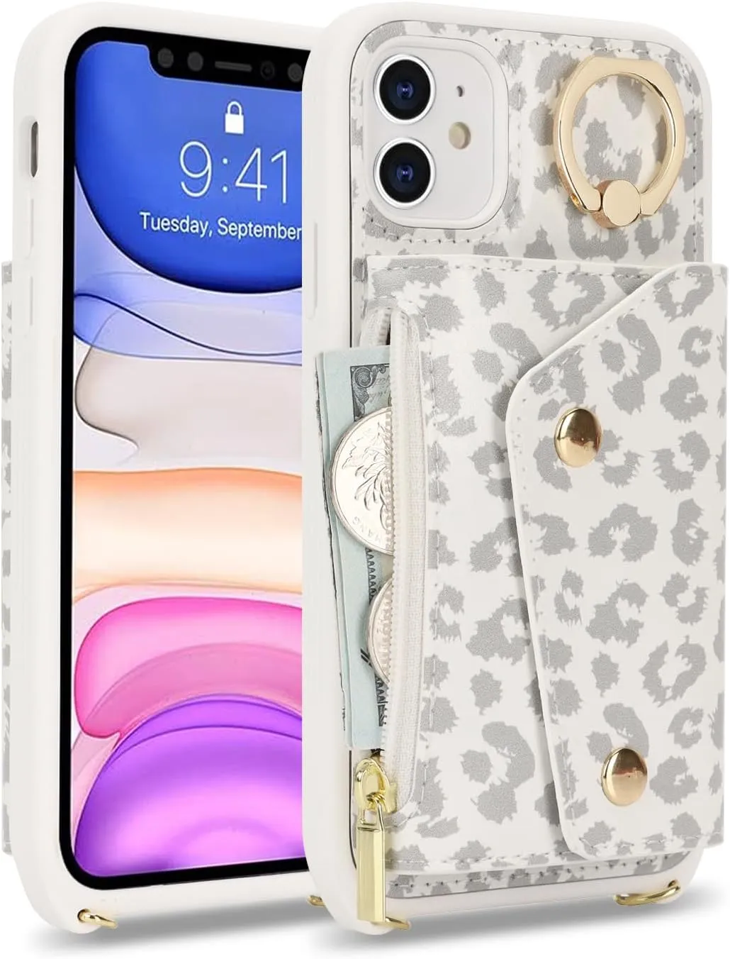 for iPhone 11 Case with Card Holder and Strap - Zipper Pocket,Crossbody Lanyard Strap,Credit Card Holder,Stand Ring,Cute Phone Wallet Case for Women(White Leopard,6.1 Inch)