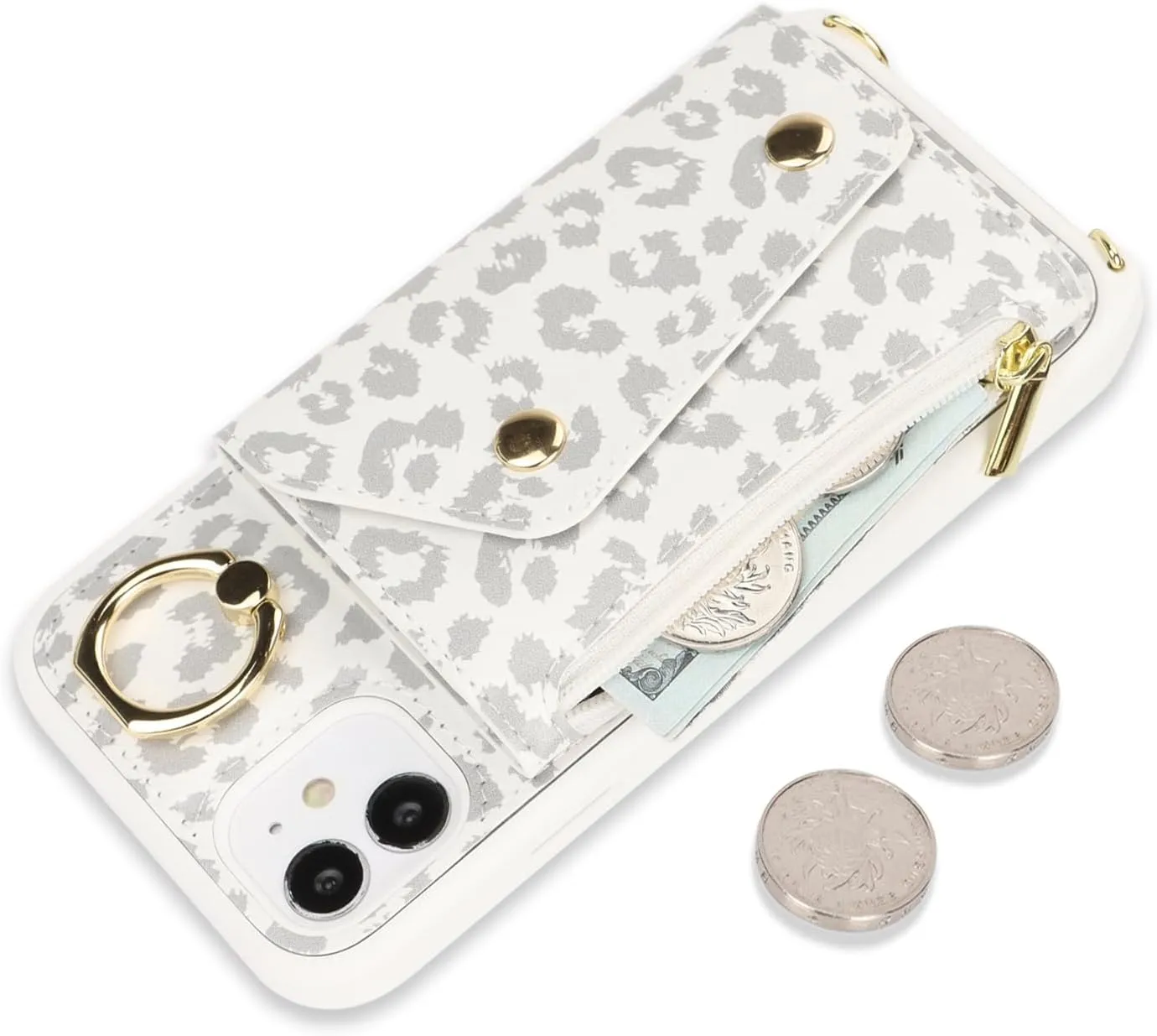 for iPhone 11 Case with Card Holder and Strap - Zipper Pocket,Crossbody Lanyard Strap,Credit Card Holder,Stand Ring,Cute Phone Wallet Case for Women(White Leopard,6.1 Inch)