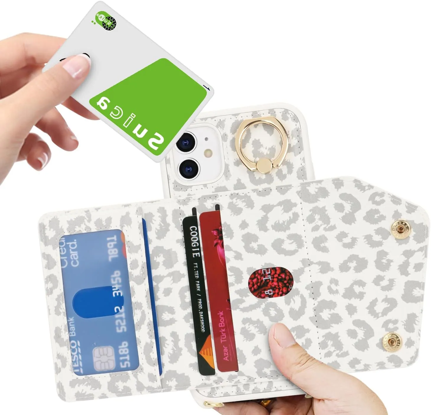 for iPhone 11 Case with Card Holder and Strap - Zipper Pocket,Crossbody Lanyard Strap,Credit Card Holder,Stand Ring,Cute Phone Wallet Case for Women(White Leopard,6.1 Inch)
