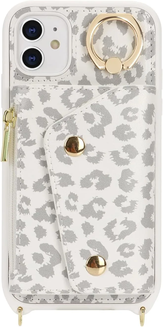 for iPhone 11 Case with Card Holder and Strap - Zipper Pocket,Crossbody Lanyard Strap,Credit Card Holder,Stand Ring,Cute Phone Wallet Case for Women(White Leopard,6.1 Inch)