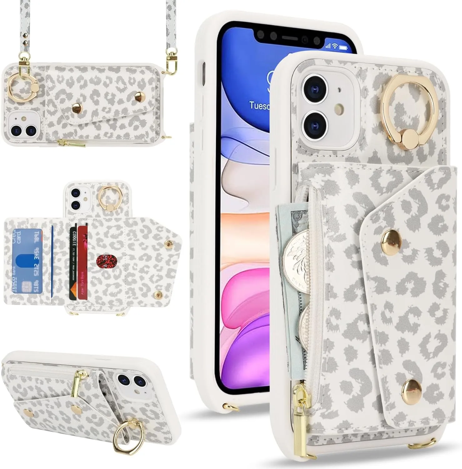 for iPhone 11 Case with Card Holder and Strap - Zipper Pocket,Crossbody Lanyard Strap,Credit Card Holder,Stand Ring,Cute Phone Wallet Case for Women(White Leopard,6.1 Inch)