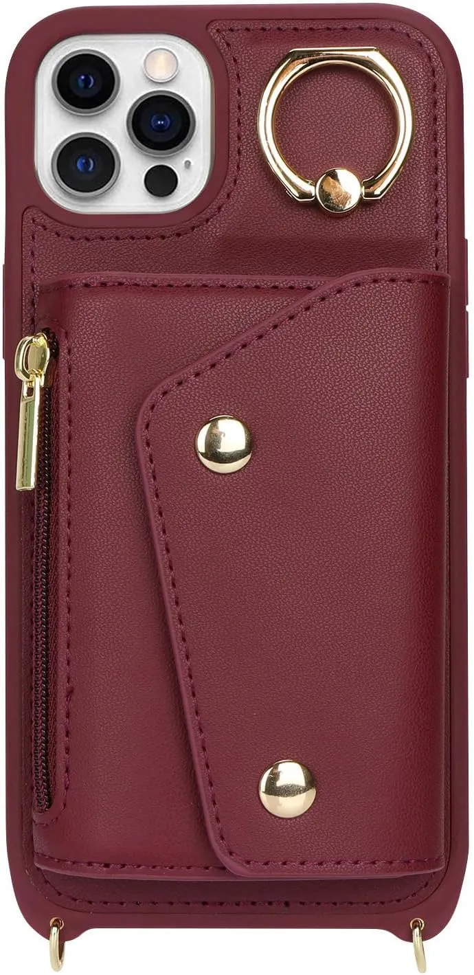 for iPhone 12 Pro Case with Card Holder and Strap - Zipper Pocket,Crossbody Lanyard Strap,Credit Card Holder,Stand Ring,Cute Phone Wallet Case for Women(Wine Red,6.1 Inch)