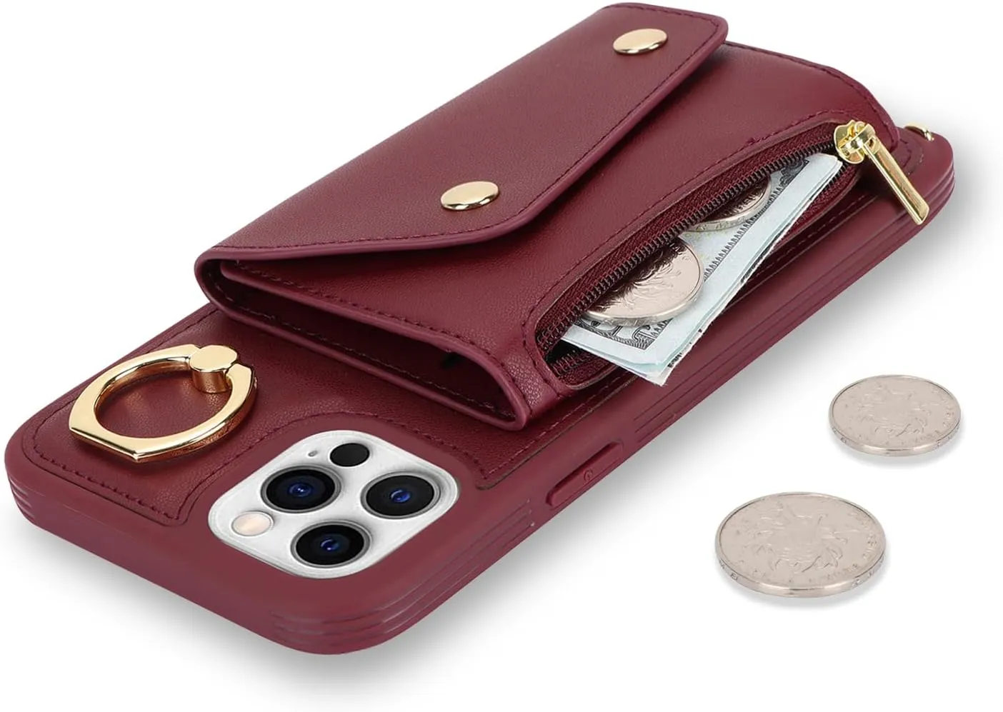 for iPhone 12 Pro Case with Card Holder and Strap - Zipper Pocket,Crossbody Lanyard Strap,Credit Card Holder,Stand Ring,Cute Phone Wallet Case for Women(Wine Red,6.1 Inch)