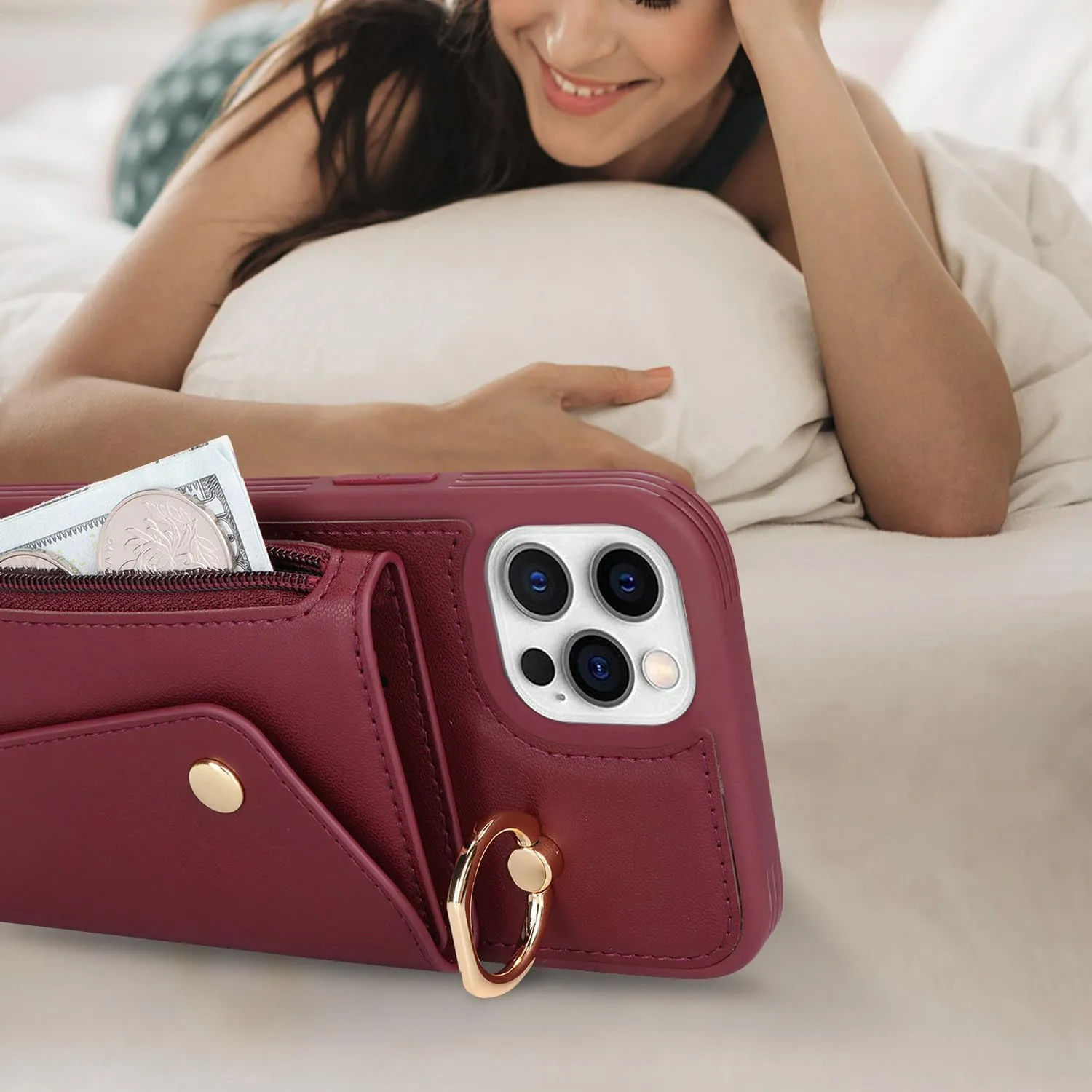 for iPhone 12 Pro Case with Card Holder and Strap - Zipper Pocket,Crossbody Lanyard Strap,Credit Card Holder,Stand Ring,Cute Phone Wallet Case for Women(Wine Red,6.1 Inch)