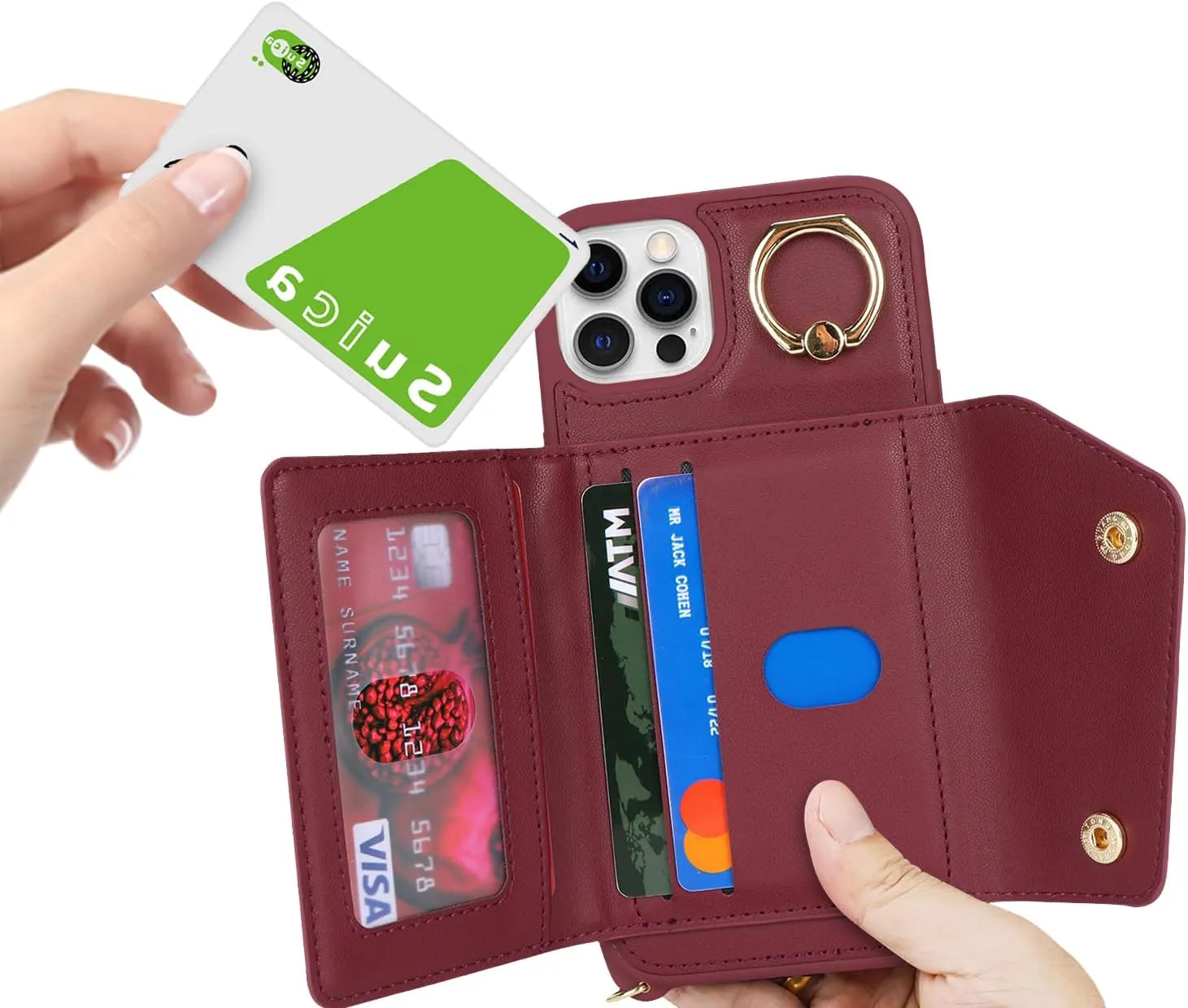 for iPhone 12 Pro Case with Card Holder and Strap - Zipper Pocket,Crossbody Lanyard Strap,Credit Card Holder,Stand Ring,Cute Phone Wallet Case for Women(Wine Red,6.1 Inch)