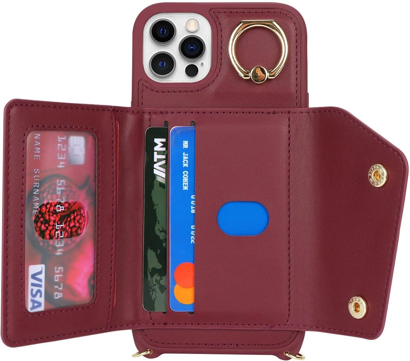 for iPhone 12 Pro Case with Card Holder and Strap - Zipper Pocket,Crossbody Lanyard Strap,Credit Card Holder,Stand Ring,Cute Phone Wallet Case for Women(Wine Red,6.1 Inch)