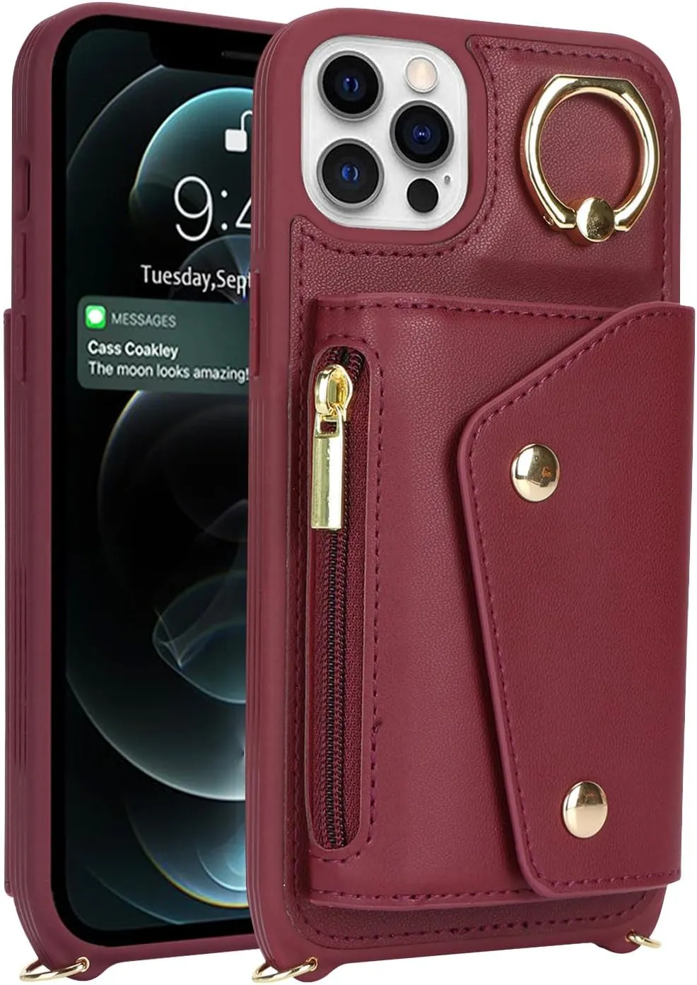 for iPhone 12 Pro Case with Card Holder and Strap - Zipper Pocket,Crossbody Lanyard Strap,Credit Card Holder,Stand Ring,Cute Phone Wallet Case for Women(Wine Red,6.1 Inch)