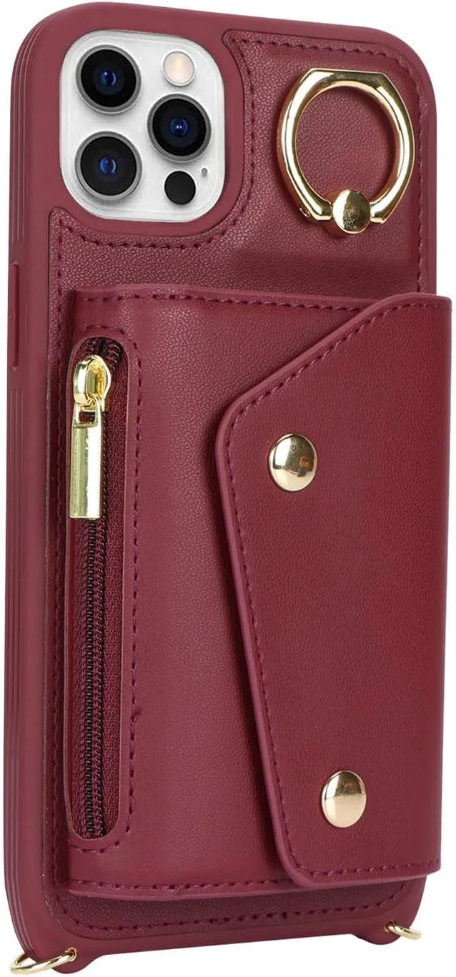 for iPhone 12 Pro Case with Card Holder and Strap - Zipper Pocket,Crossbody Lanyard Strap,Credit Card Holder,Stand Ring,Cute Phone Wallet Case for Women(Wine Red,6.1 Inch)