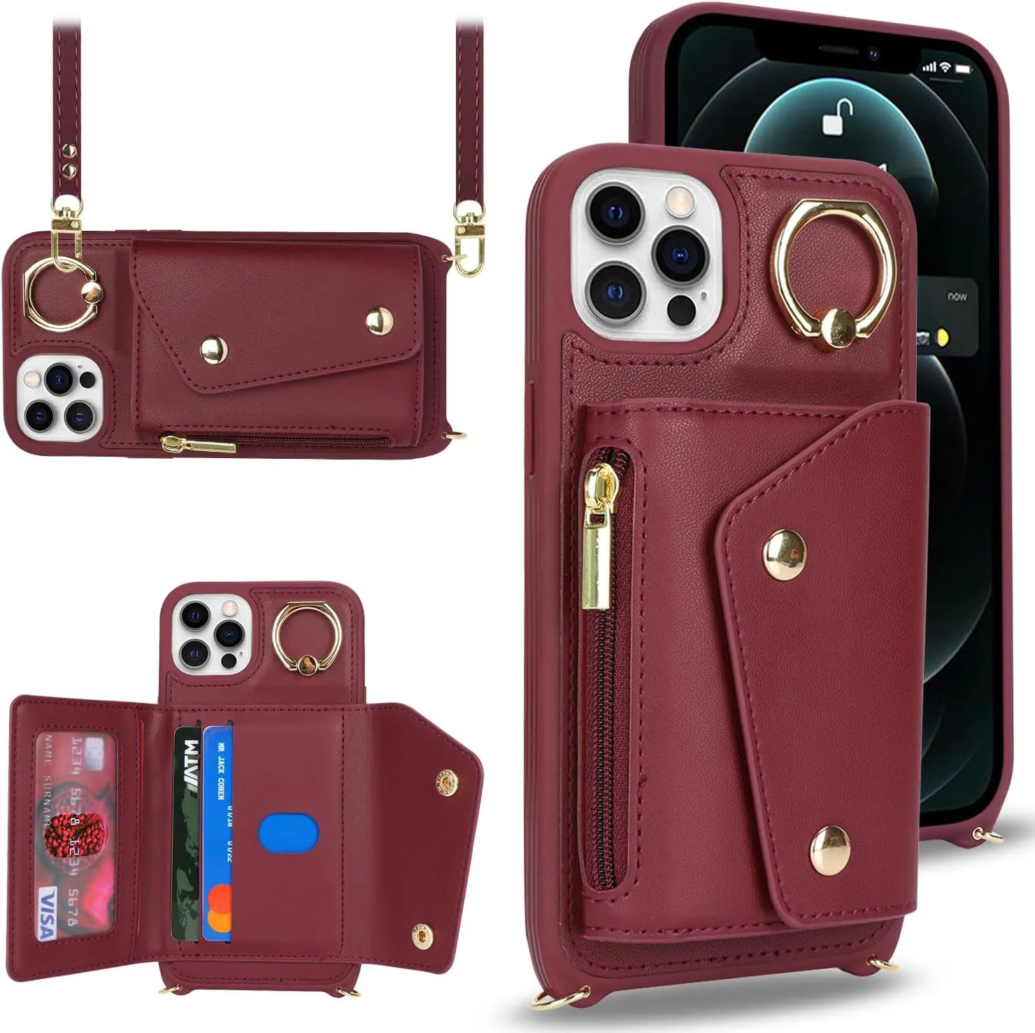 for iPhone 12 Pro Case with Card Holder and Strap - Zipper Pocket,Crossbody Lanyard Strap,Credit Card Holder,Stand Ring,Cute Phone Wallet Case for Women(Wine Red,6.1 Inch)
