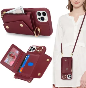 for iPhone 12 Pro Case with Card Holder and Strap - Zipper Pocket,Crossbody Lanyard Strap,Credit Card Holder,Stand Ring,Cute Phone Wallet Case for Women(Wine Red,6.1 Inch)