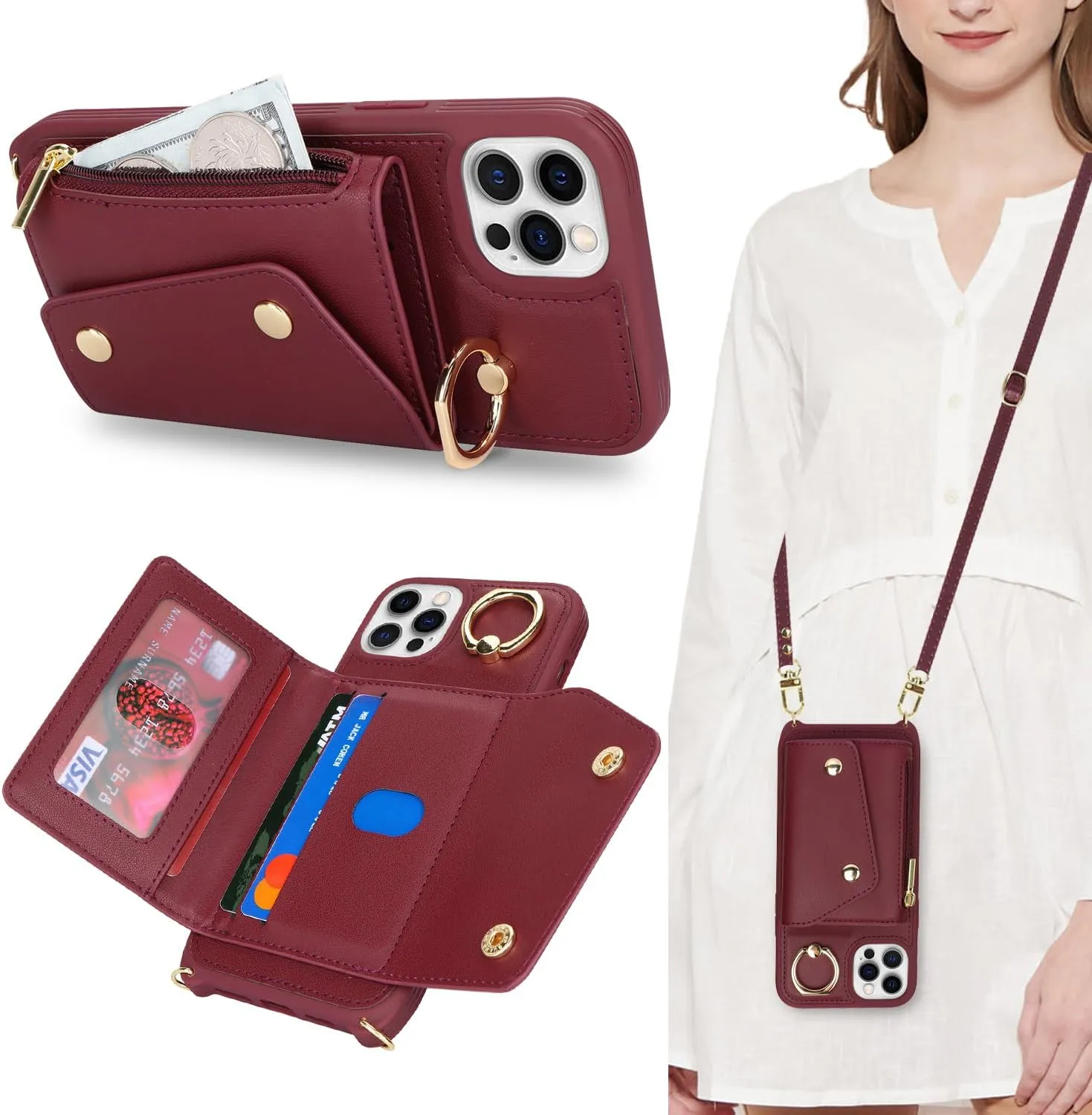 for iPhone 12 Pro Case with Card Holder and Strap - Zipper Pocket,Crossbody Lanyard Strap,Credit Card Holder,Stand Ring,Cute Phone Wallet Case for Women(Wine Red,6.1 Inch)