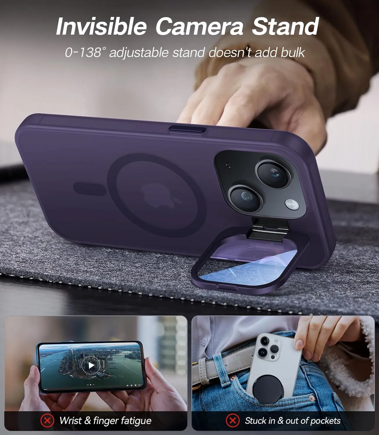 for iPhone 13 Case/iPhone 14 Case with Camera Cover Stand [Built-in 9H Camera Lens Protector][Fit for Magsafe] Military Grade Shockproof Translucent Matte Magnetic Phone Case 6.1" Purple