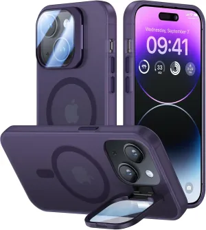 for iPhone 13 Case/iPhone 14 Case with Camera Cover Stand [Built-in 9H Camera Lens Protector][Fit for Magsafe] Military Grade Shockproof Translucent Matte Magnetic Phone Case 6.1" Purple